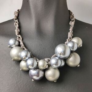 Chunky Metallic Pearl Bauble Statement Necklace Adjustable 18–22" w Ribbon Chain